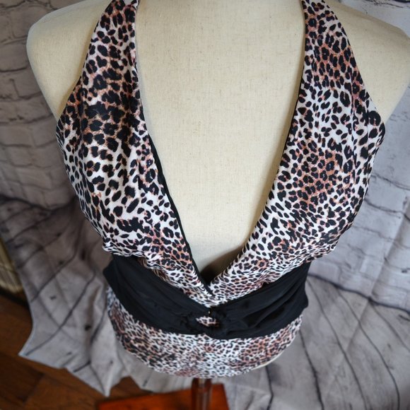 One Piece Halter Bathing Suit V Neck Leopard Print Size XL - Picture 3 of 9